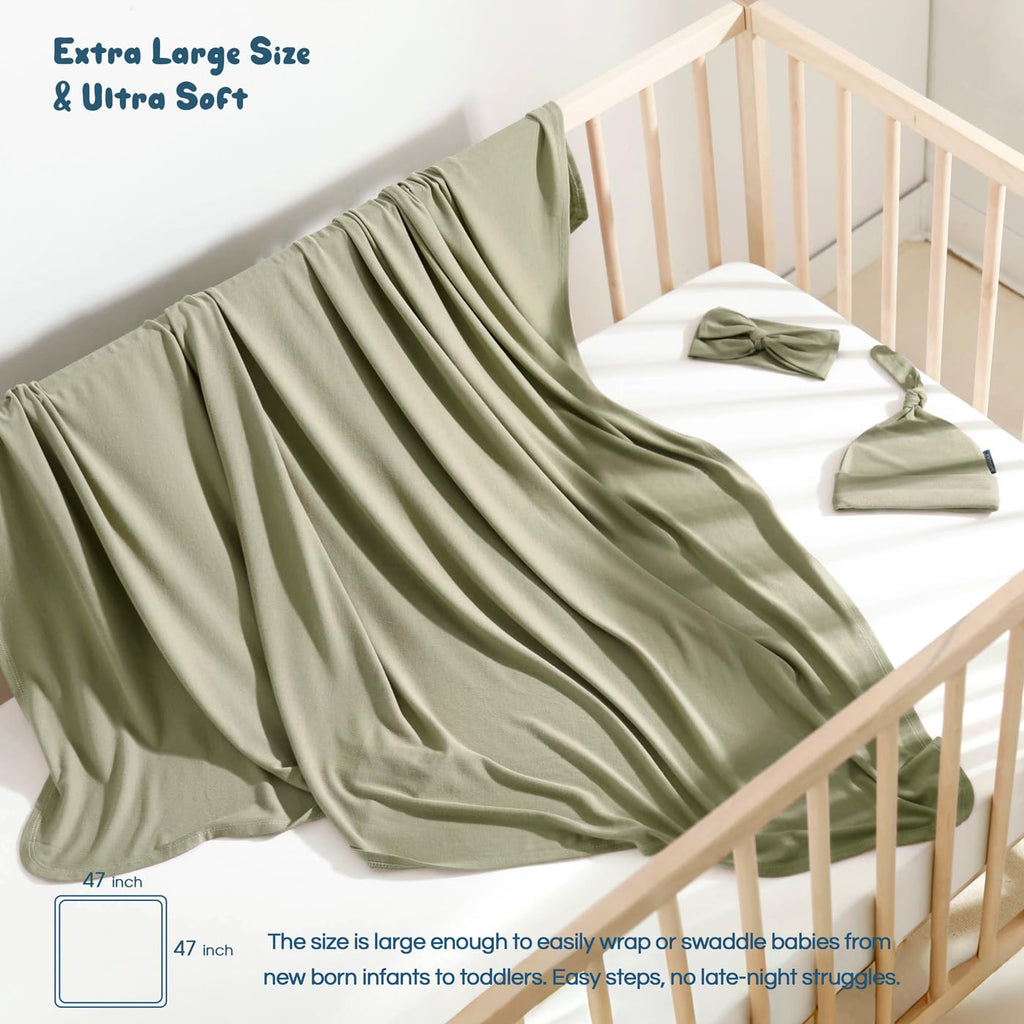 GRSSDER Newborn Swaddle Blanket, Ultra Soft Jersey Receiving Blanket with Matching Headband and Beanie Set, 47×47" Extra Large Nursery Swaddle Wrap for Girls and Boys