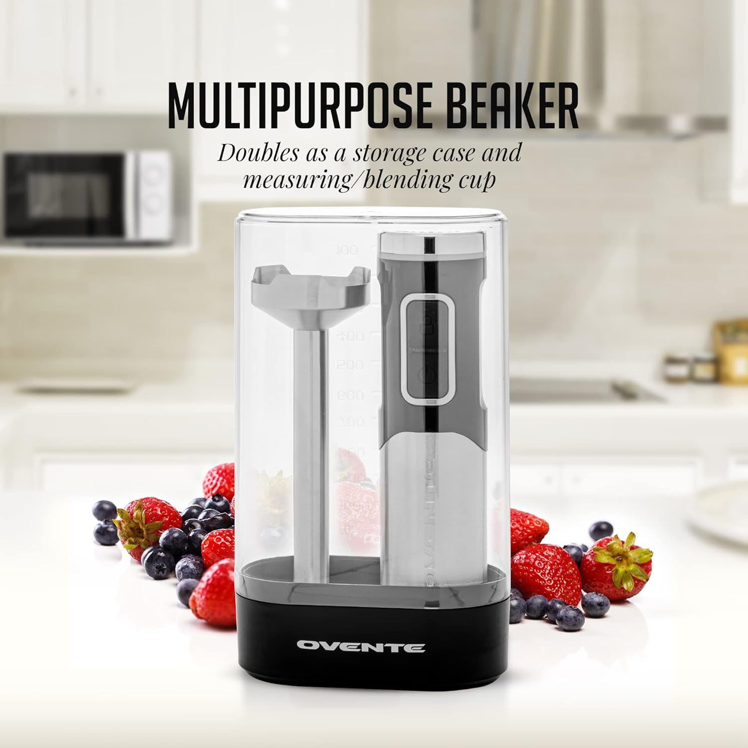 OVENTE Cordless Immersion Hand Blender, Rechargeable Handheld Portable Stick Mixer with 8 Mixing Speed Option, One-Touch Control and Stainless Steel Blades for Smoothies, Shakes or Soups, Black HR981B