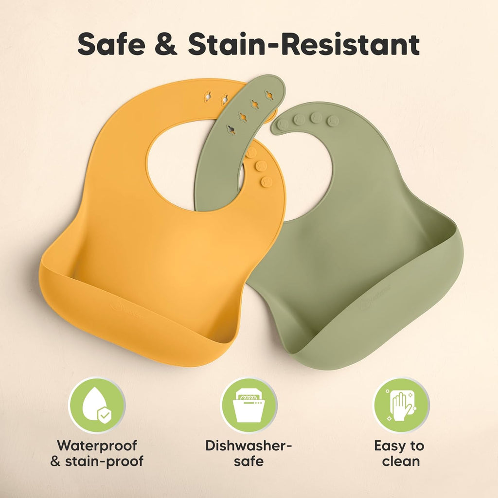 KeaBabies 2-Pack Silicone Baby Bibs for Eating - Sturdy Food-Grade Silicone Bibs for Babies Girl, Boy, Large Food Catcher, Clean & Put On Easily, Waterproof Toddler Feeding Essentials (Harvest)