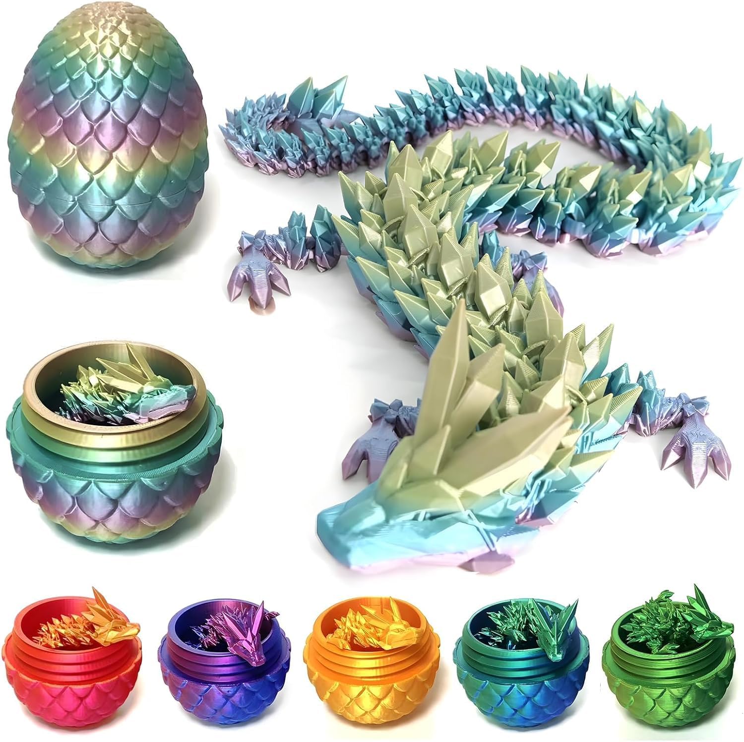 3D Printed Dragon Fidget Toys Dragon Egg 12inch Flexible Dragon Toy 3D Printed Dragon Egg with Articulated Dragon Inside Fidget Toys for Autism/ADHD Easter Toys Gifts (Multicolored)
