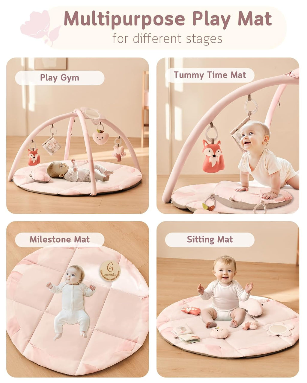 Fortella Baby Play Gym & Activity Mat, Tummy Time Mat w 5 Detachable Toys and Pillow, Large Sensory Playmat for Floor, Newborn Infant Baby Essentials Shower Gift 0-3-6-9-12 Months (Rose Pink)