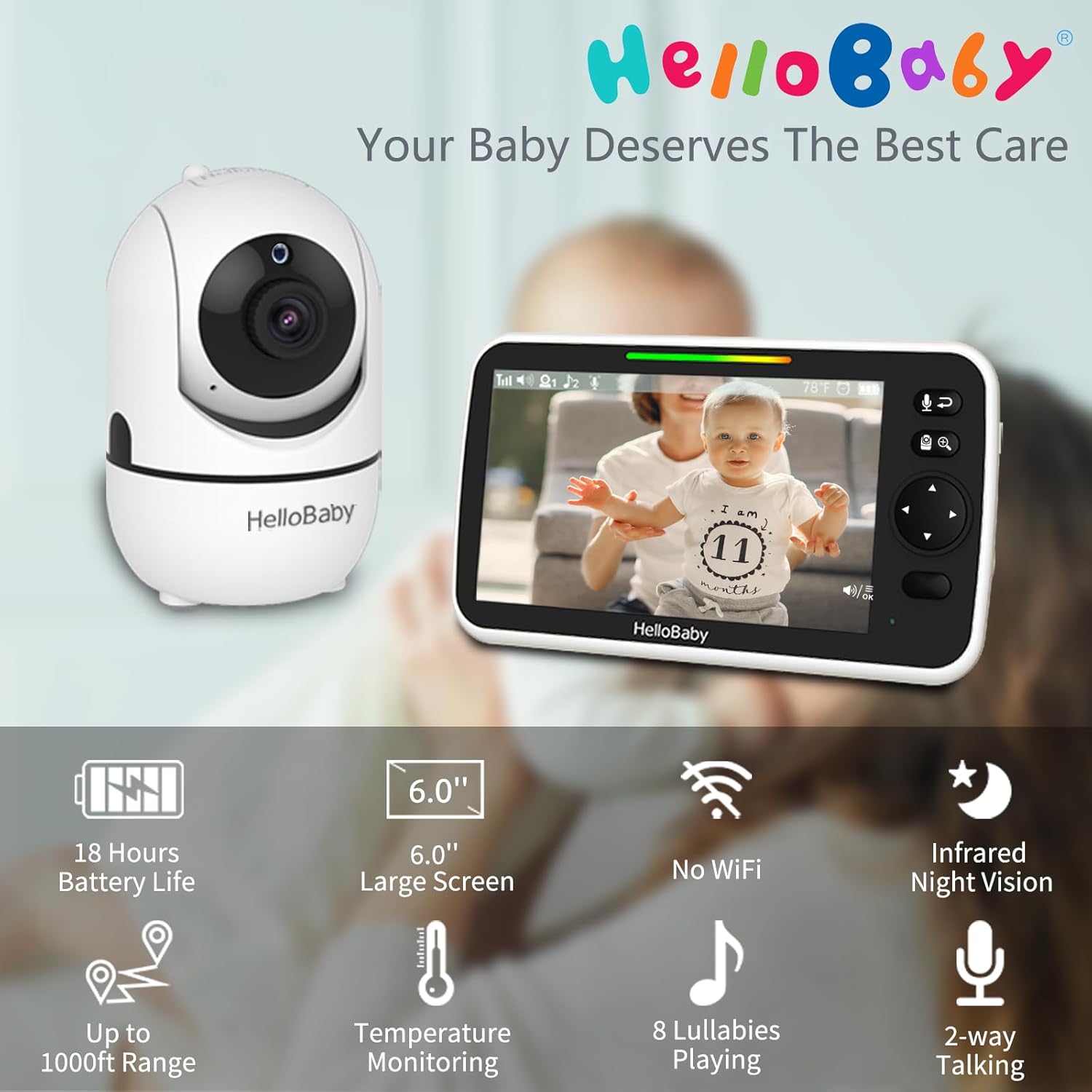 HelloBaby 6'' World First IPS 30H Battery Split-Screen Video Baby Monitor with Camera and Audio, No WiFi, Pan-Tilt-Zoom, VOX, 2-Way Talk, Night Vision, 8 Lullabies, 1000ft, for New Parents/Elderly
