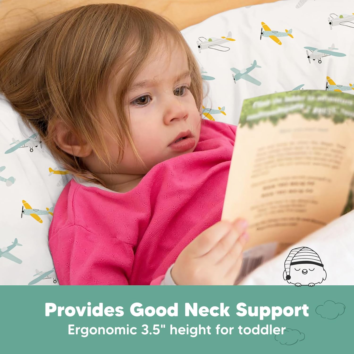 KeaBabies Toddler Pillow with Pillowcase, Jumbo 14X20 - Soft Organic Cotton Toddler Pillows for Sleeping - Machine Washable - Perfect for Travel, Toddler Bed Set (Plane)