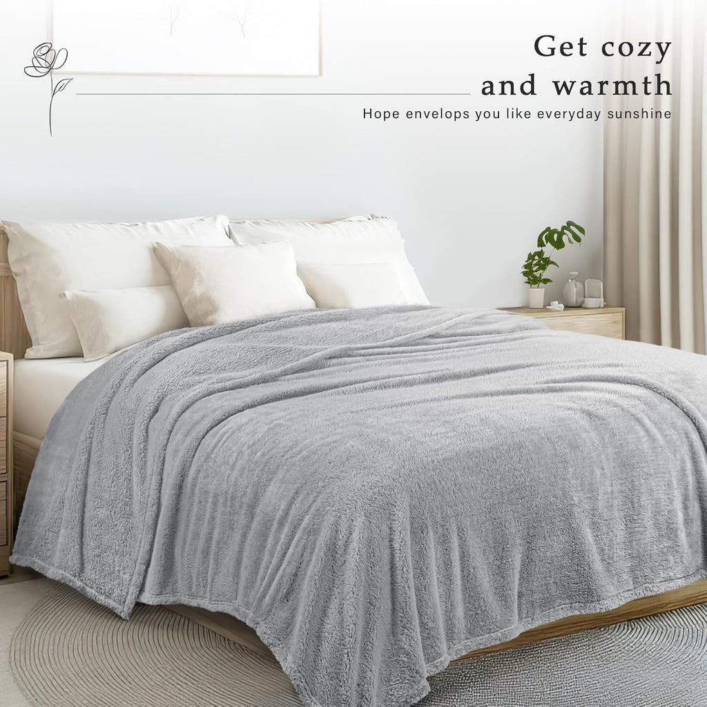 Exclusivo Mezcla Queen Size Flannel Fleece Blanket, Super Soft Velvet Plush Bed Blanket, Fuzzy Cozy and Warm for All Seasons, 90x90 Inches, Light Grey