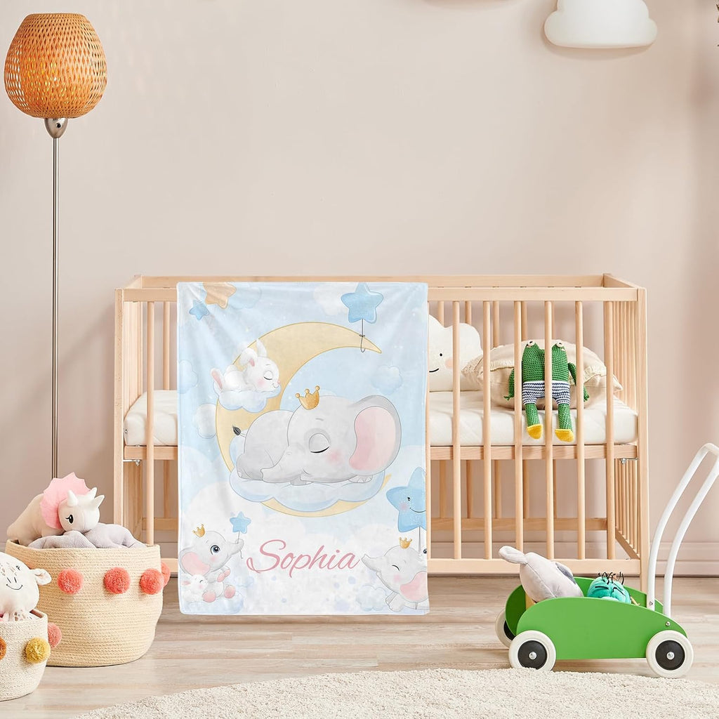 Personalized Baby Blanket with Name, Custom Elephant Name Blankets Toddler Girls Soft Flannne Swaddling Blankets Azure Color Customized Memorial Gift from Nana for Infant Newborn Shower