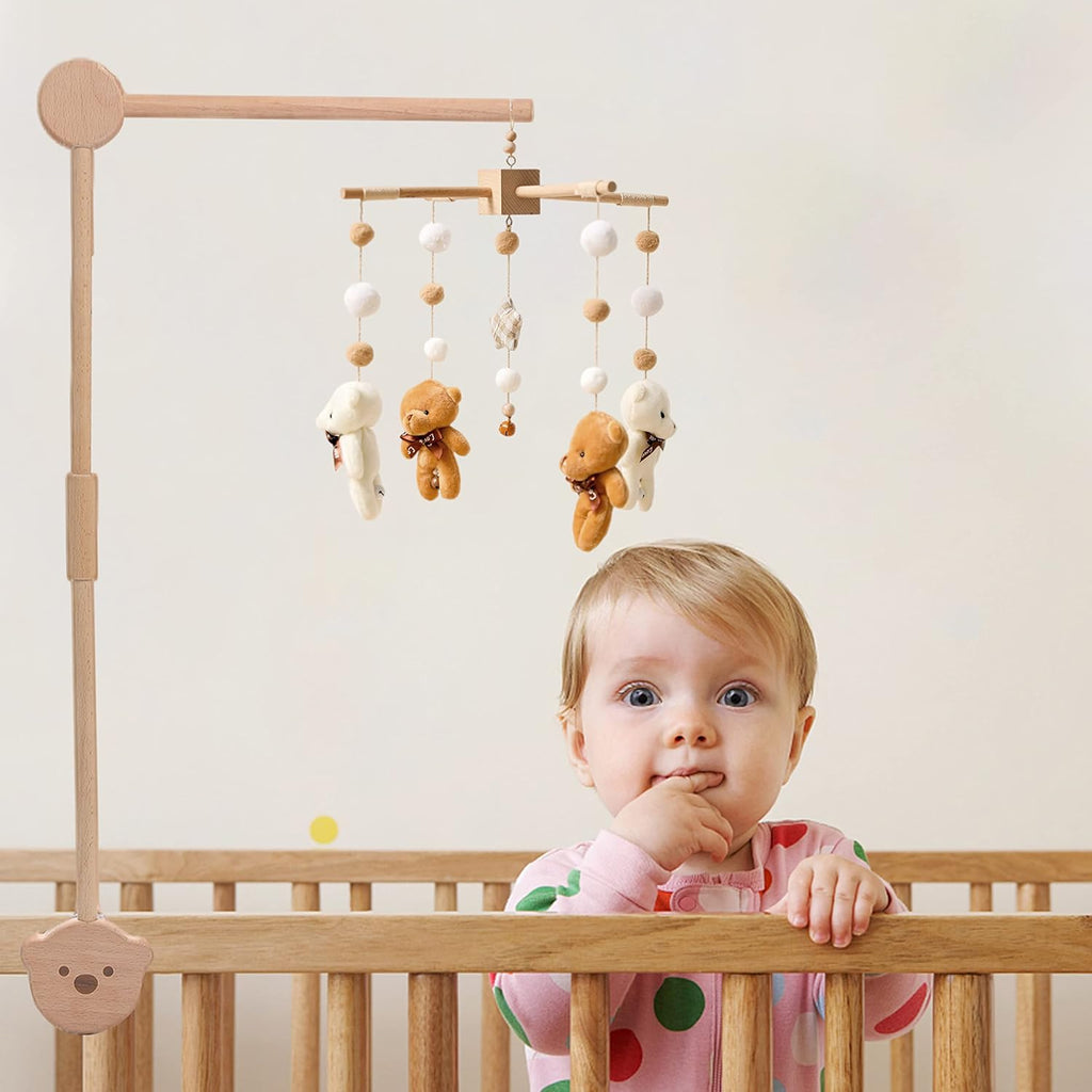 Wooden Crib Mobile Arm | Crib Mobile Holder | Nursery Mobile Hanger Cartoon Bear | Rotatable Height Adjustable Hanging Fits Wide or Thick Railings Baby Shower Gift Nursery Decoration