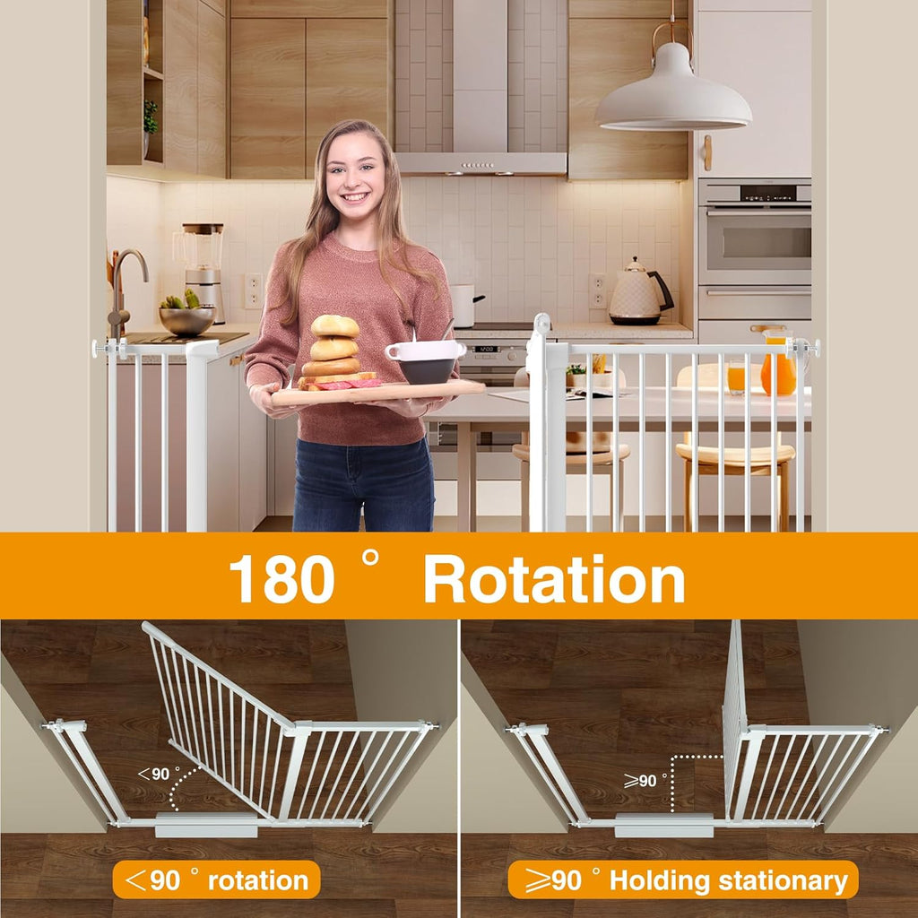 Extra Wide Baby Gate 30.11-77.36",Ultra Narrow 1.37" Spacing Dog Gate indoor,Double Lock Auto Close Pet Gate for House,Pressure Mounted Baby Gate Easy Walk Through Pet Gate for Hallway(White)