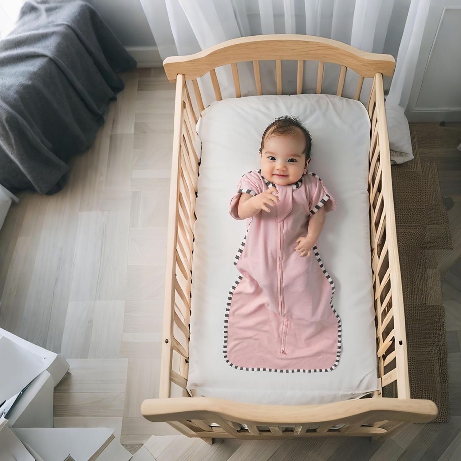 Transition Swaddle, 2 Pack 100% Cotton Baby Sleep Sack, 2-Way Zipper Infant Arm Up Swaddle for Newborn Baby Boys Girls (Rose Pink + Purple, L(6-9 Months))