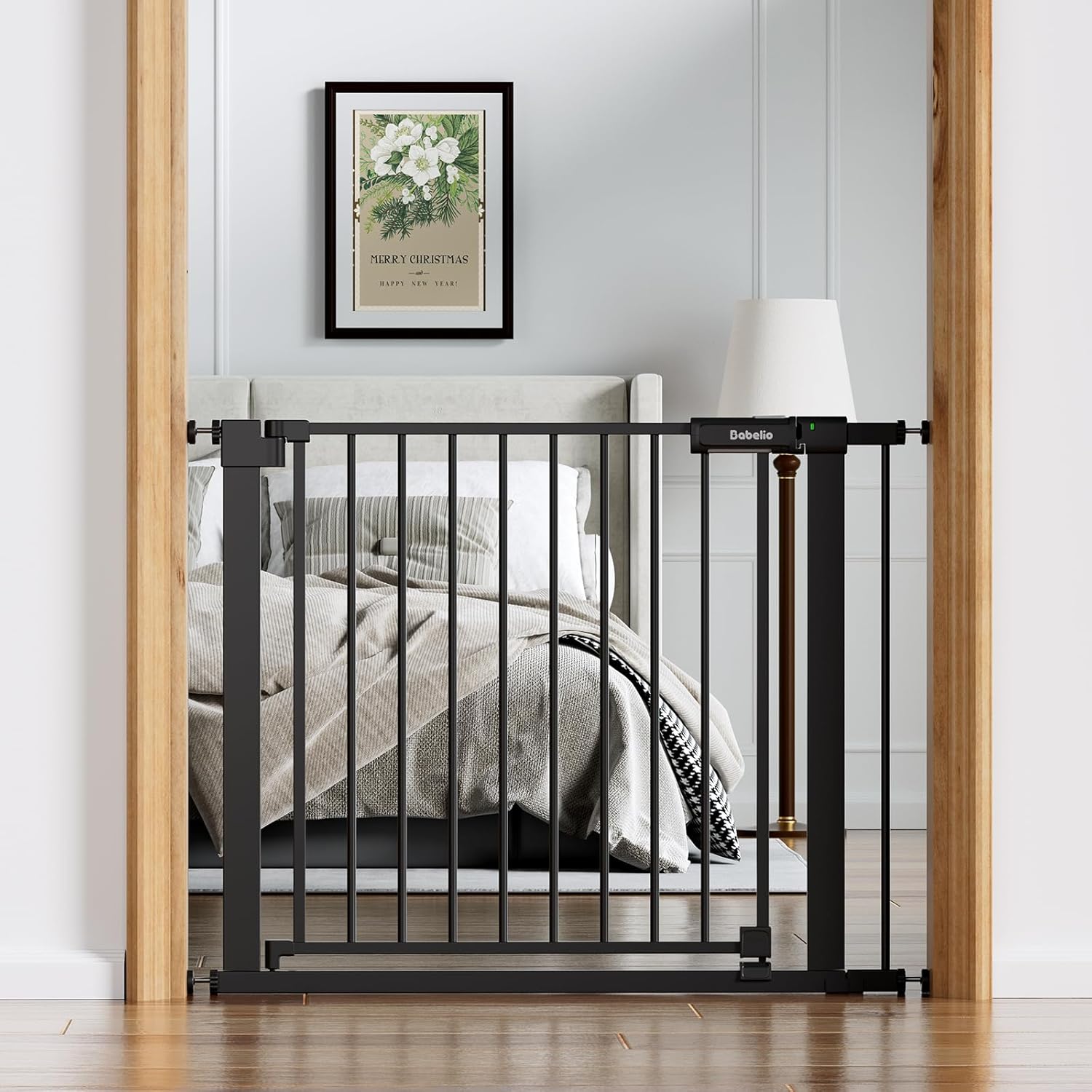 BABELIO Baby Gate for Doorways and Stairs, 36-41" Pet Gate with Wide Walk Thru Door and Lock Indicator, No Drill Pressure Mounted Safety Gate with Double Lock and Self-Closing, Black