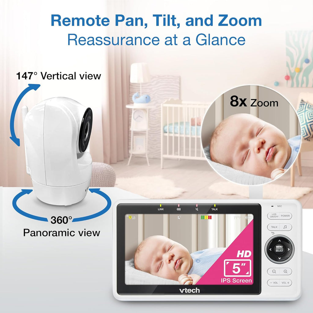 VTech 2-Cameras Smart WiFi Baby Monitor with 1080p FHD Camera and 5" HD IPS Screen, Free App with Motion Video, Sound/Motion Detection and Notifications, Split-Screen, Pan-Tilt-Zoom: VM901-2HD