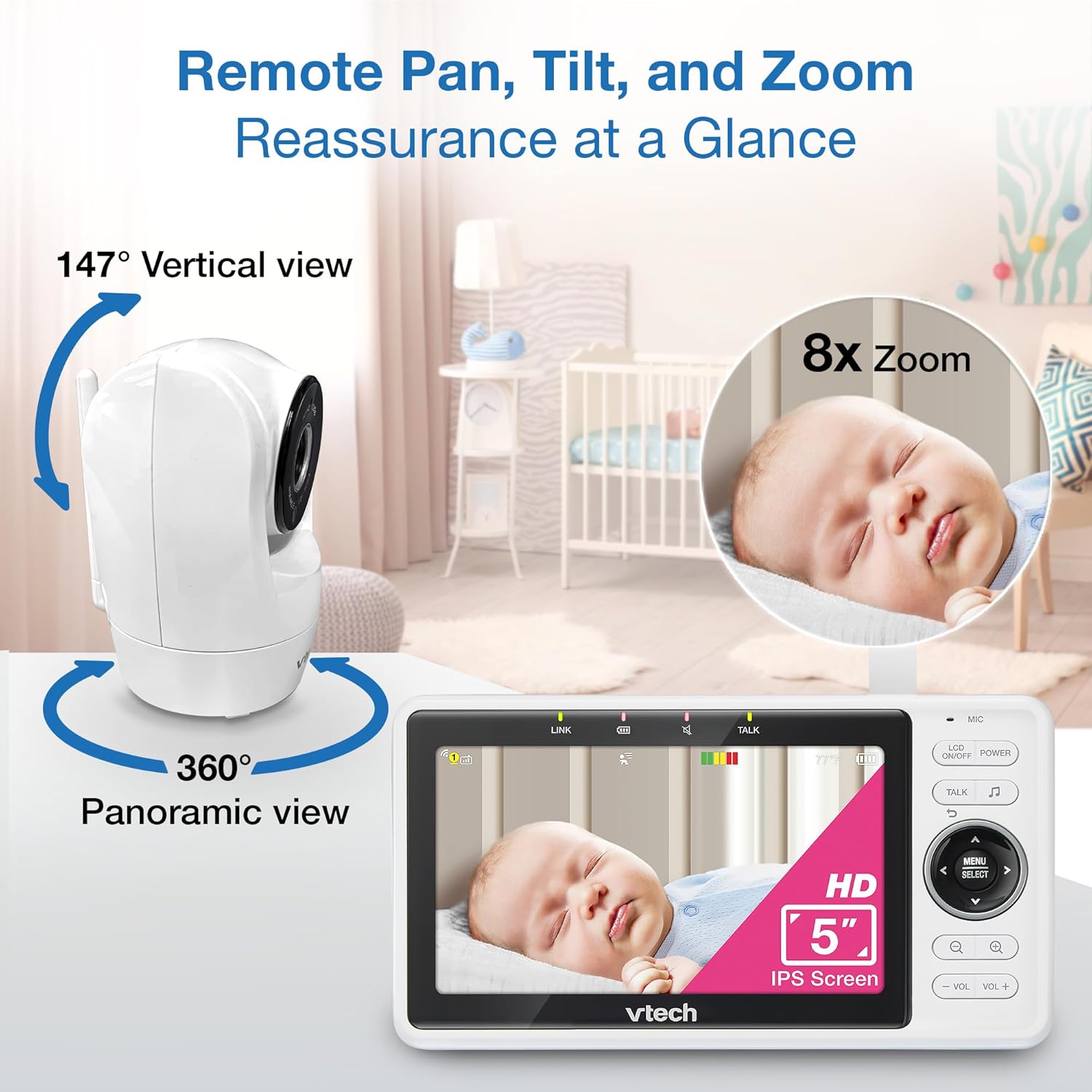 VTech 2-Cameras Smart WiFi Baby Monitor with 1080p FHD Camera and 5" HD IPS Screen, Free App with Motion Video, Sound/Motion Detection and Notifications, Split-Screen, Pan-Tilt-Zoom: VM901-2HD