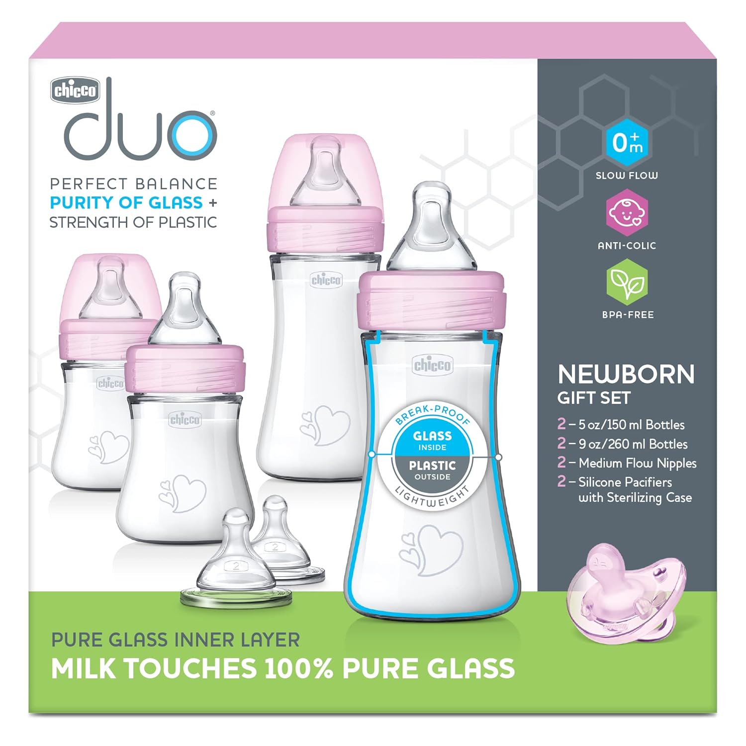 Chicco Duo Newborn Hybrid Baby Bottle Starter Gift Set with Invinci-Glass Inside and Plastic Outside | Dishwasher, Bottle Warmer, and Electric Sterilizer Safe | Intui-Latch Nipple | Clear/Pink