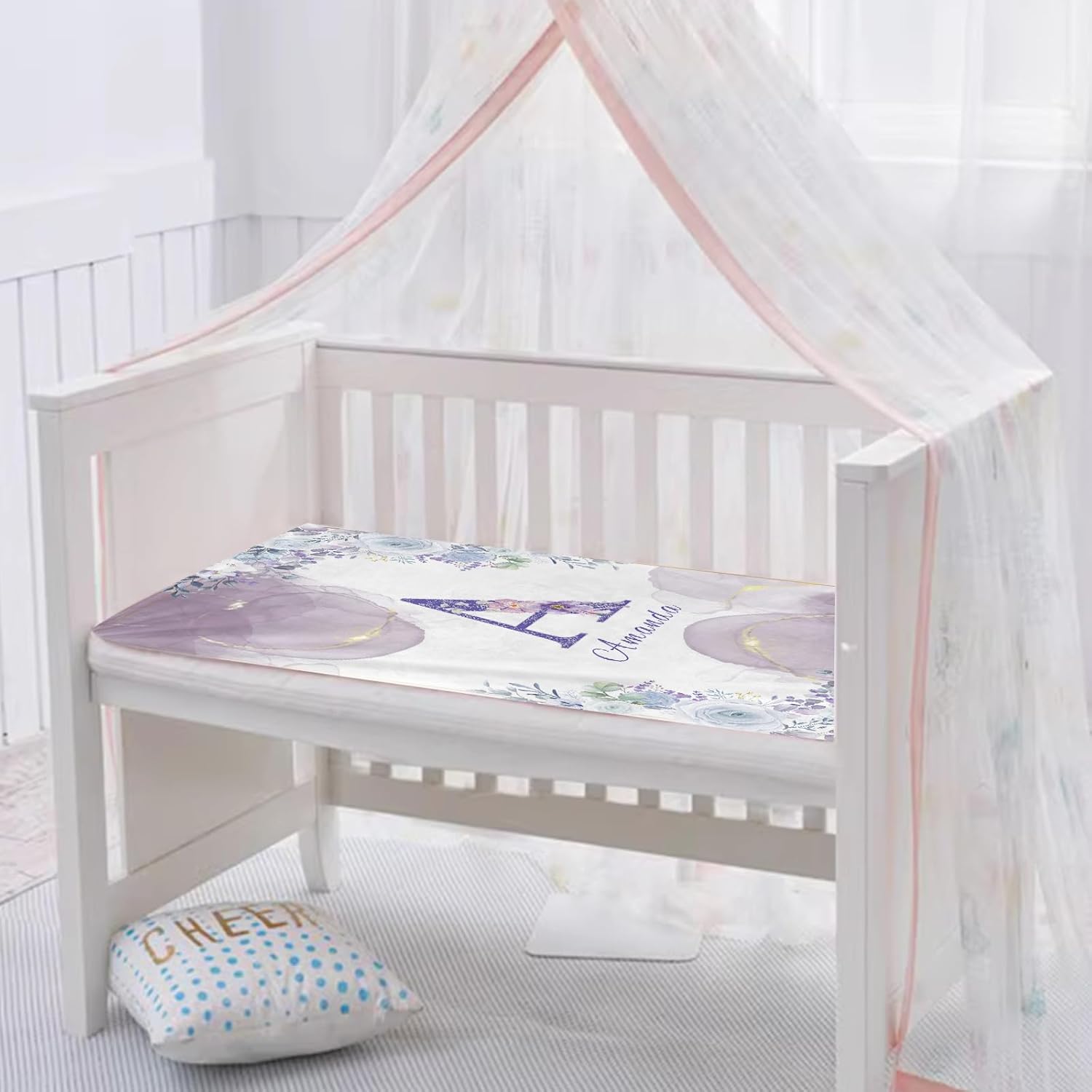 Personalized Baby Blanket with Name, Custom Floral Name Blanket Toddler Girls Soft Flannne Swaddling Blankets Customized Monogram Memorial Gift for Infant Newborn Shower