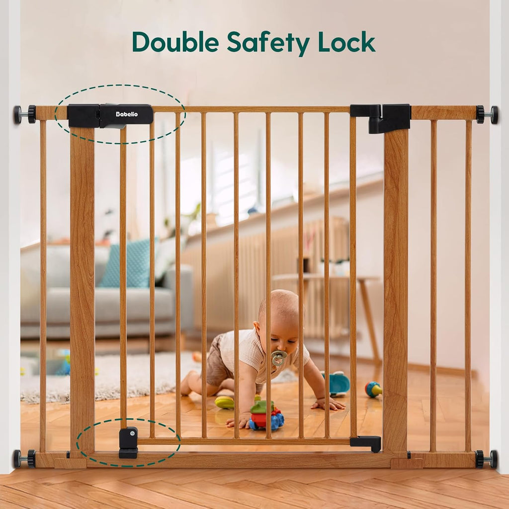 BABELIO 29-40" Metal Baby Gate with Wood Pattern, Auto Close Dog/Pet Door for The House、Stairs and Doorways, Pressure Mounted Barrierr, NO Tools Needed