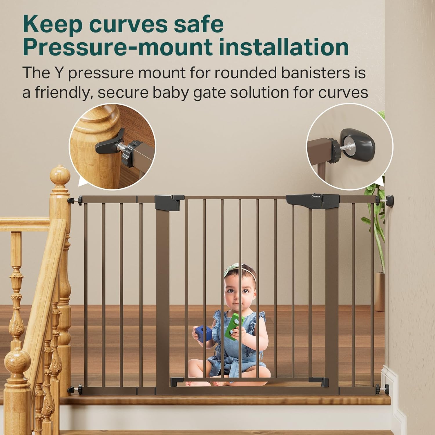 Cumbor 29.7-48" Baby Gate for Stairs, Mom's Choice Awards Winner-Dog Gate for Doorways, Auto Close Safety Pet Gate for Dogs Indoor, Easy Install Pressure Mounted Child Gate with Walk Thru Door, Brown