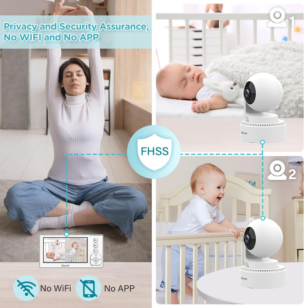 Baby Monitor with 2 Cameras and Audio, 4.3'' IPS Split-Screen Monitor with 29-Hour Battery, 1000ft Range Pan-Tilt-Zoom Video Baby Monitor No WiFi, 2X Zoom