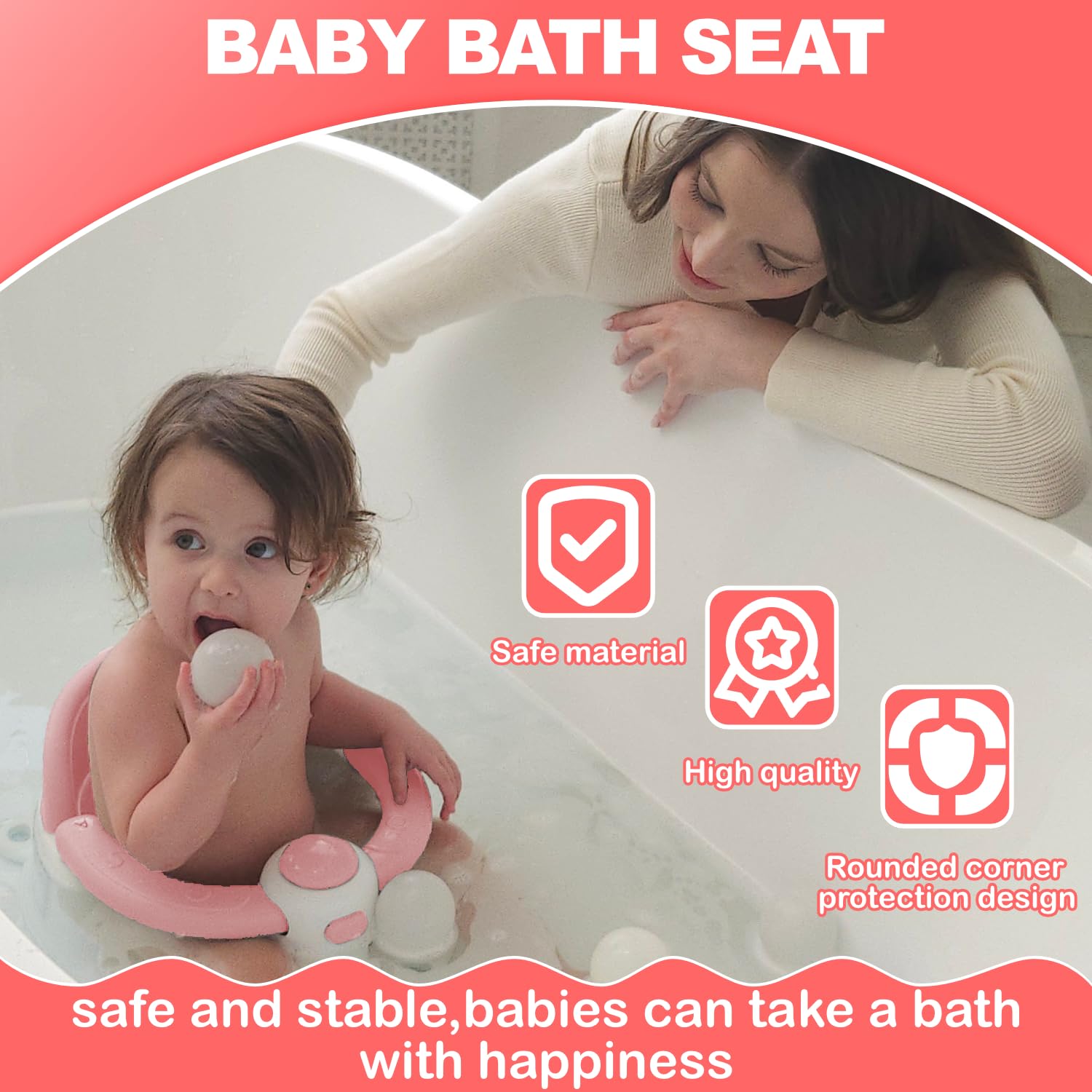 Baby Bath Seat, Bath Seat for Baby 6 Month & up, Baby Bath tub Seat with Suction Cups, Non-Slip, Detachable, Pink