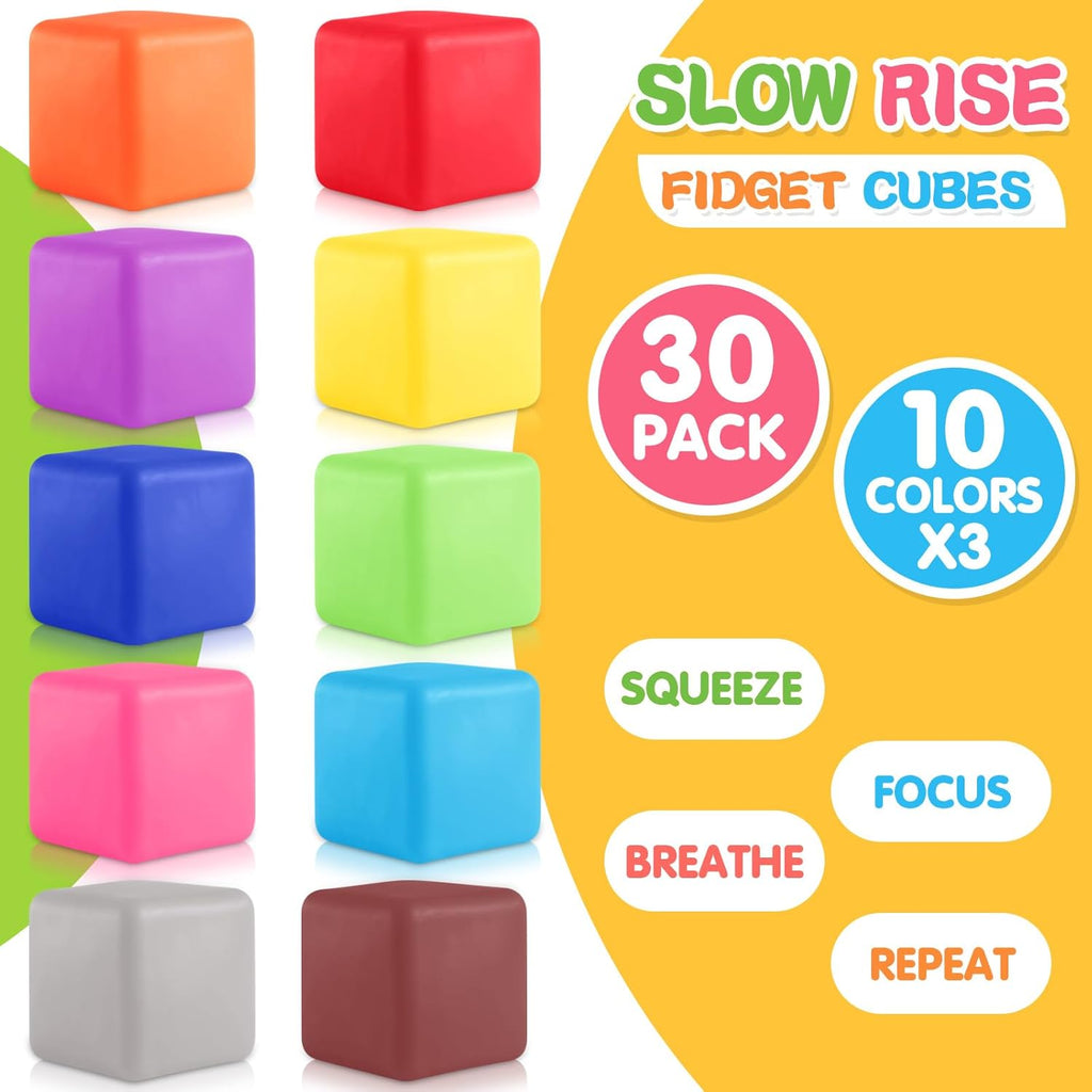 Slow Rising Stress Cube 30 Pack, Square Cube Fidget Ice Cube Stress Balls, Dough Stress Balls Soft Fidget Squishy Toys for Anxiety Relief, Pull Stretch Squishy Toy, Classroom Prize Box Toys