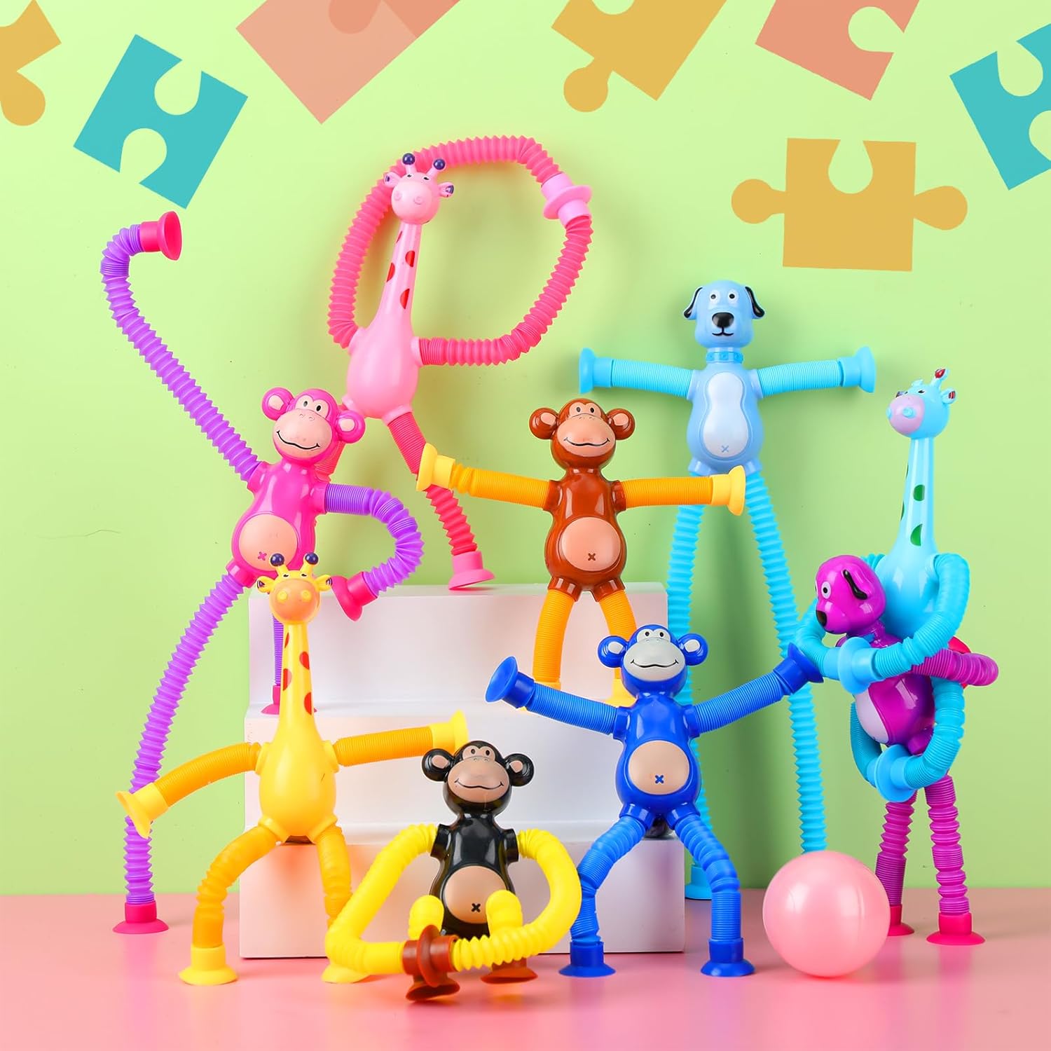 12 Pack Telescopic Suction Cup Toys, Monkey Dog and Giraffe Sensory Toys Fidget Toys Fun Stocking Stuffers for Teens (Luminous)