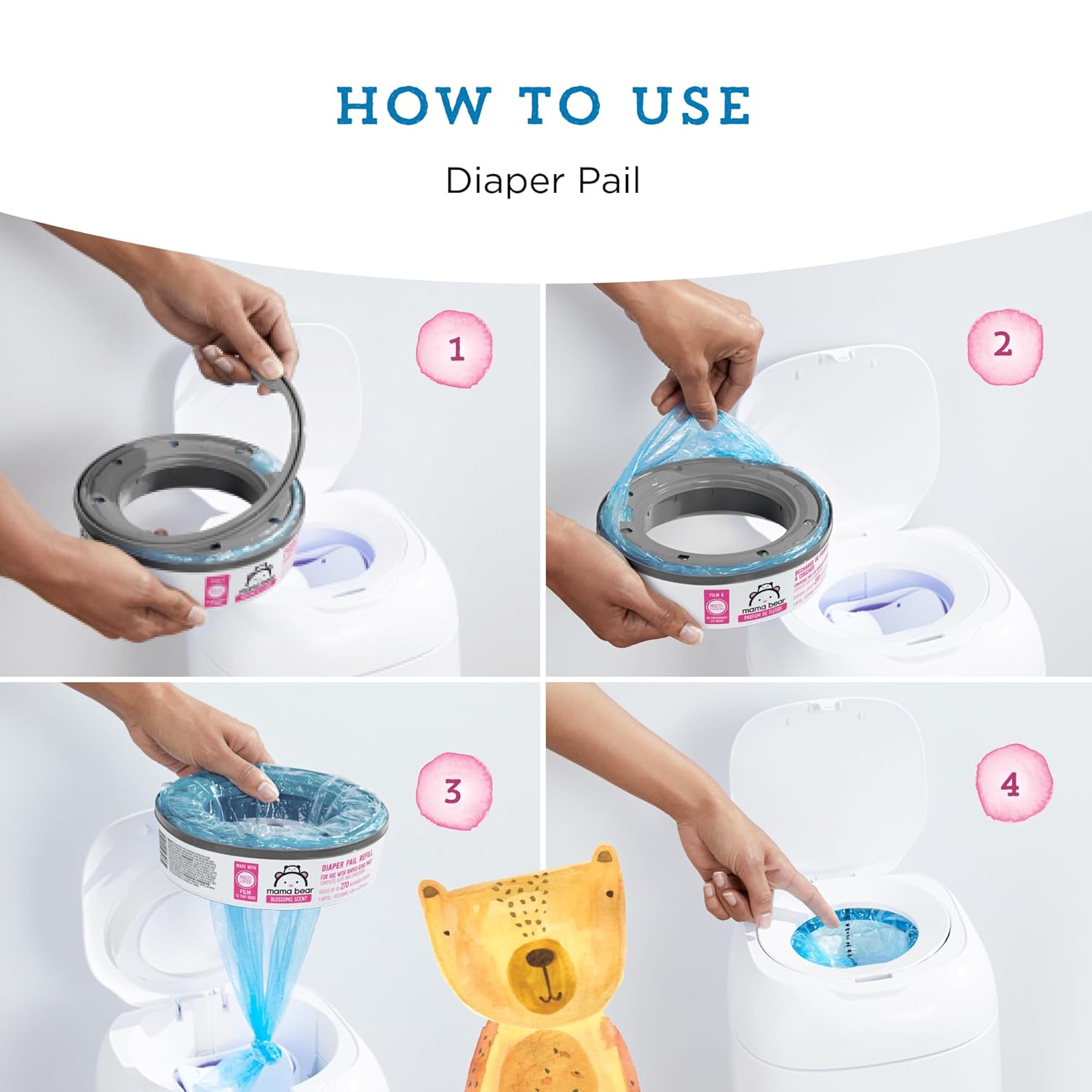 Amazon Brand - Mama Bear Blossoms Scented Diaper Pail Refills for Diaper Genie Pails, 1080 Count (4 Packs of 270 Count)