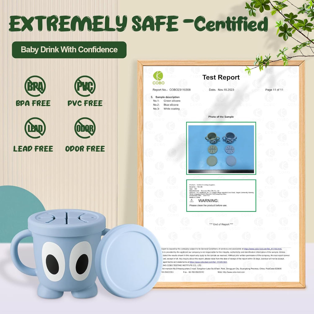 Silicone Snack Cup Food Container for Toddlers and Babies, Spill Proof Training Cup with Snack Cup Lid & Dust Proof Lid, Comes with a toy strap, Without BPA, Lead, or Phthalates (Ether)