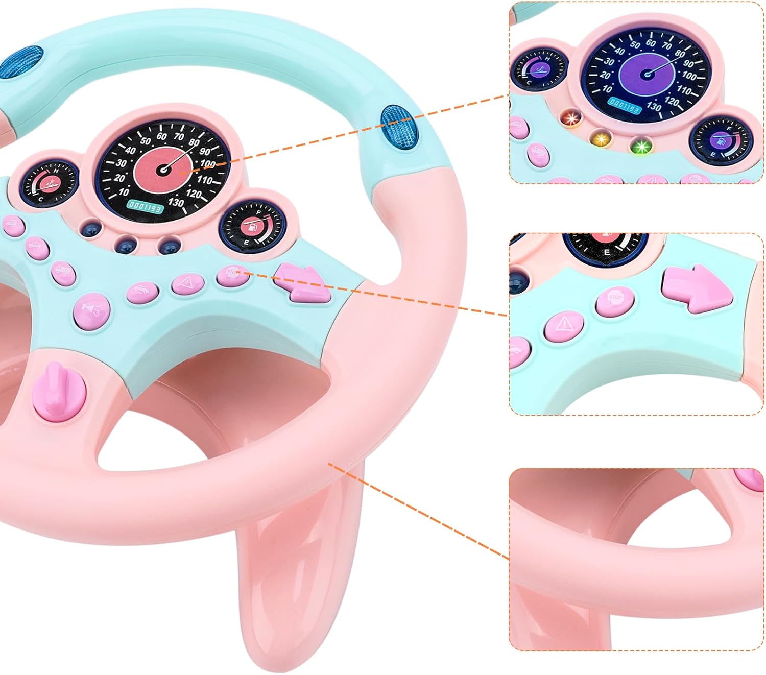 deAO Kids Steering Wheel for Backseat with Key Baby Toys Pretend Driving Simulated Steering Wheel Toy with Light and Music Gifts for Kids Toddlers (Pink)