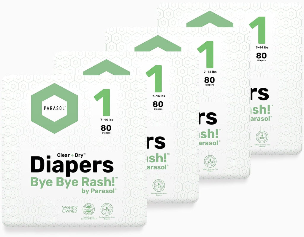 Parasol Clear+Dry Disposable Diapers, RashShield Protection and Leak-Control Fit, Hypoallergenic Diapers, Size 1 (7-14 lbs), 320 Count