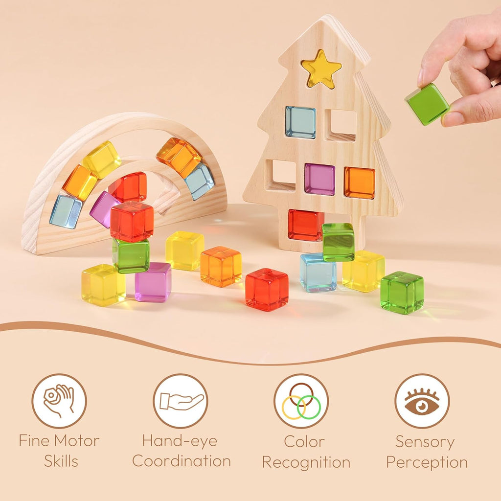 Wooden Building Blocks Set for Kids, Rainbow & Tree Shaped Wood Frame - 24 PCS Rainbow Gem Cubes Stacking Blocks, Montessori Stacking Toy for Toddlers, Early Learning Gifts for Boys Girls 3-6