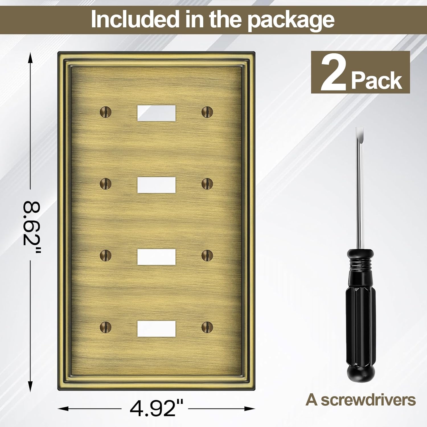 2 Pack Quad Toggle Light Switch Covers Plate, Antique Brass Metal Material Switch Plate Covers, 4 Gang Wall Plate for Light Switch - Classic Style