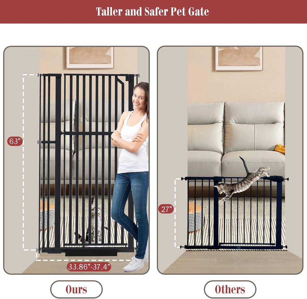 Glaf Extra Tall Pet Gate 63" Pressure Mounted Cat Door Safety Metal Cat Gate Adjustable Width Dog Door Auto-Close Dog Gates for Doorways, Stairs, Kitchen, Hallway (Black, 33.86-37.4")