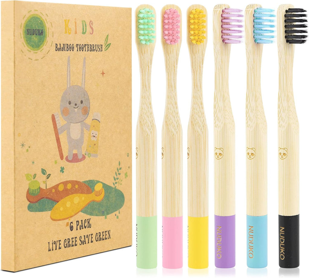 Bamboo Kids Toothbrushes (6 Pack) - Soft Bristle Organic Compostable BPA Free Toothbrush for Kids Toddler Baby Tooth Brush, Eco Friendly Natural Biodegradable Wooden Toothbrush - Round Handle