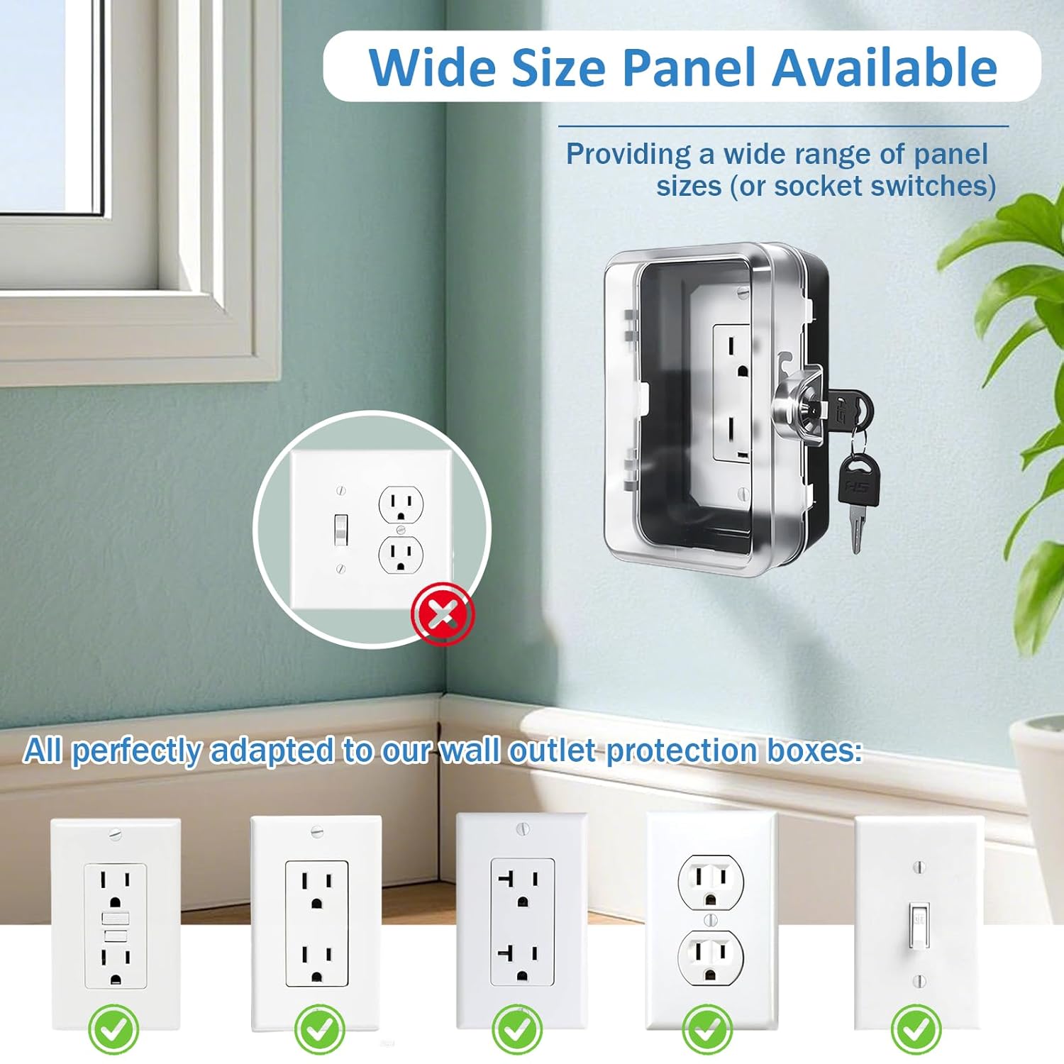 Child Proof Outlet Lock Box with 2 Durable Keys - Heavy Duty Safety Cover for Baby Proofing, Tool-Free Installation, More Space for Large Plugs Universal Fit Socket Protector (2 Pack, Black)