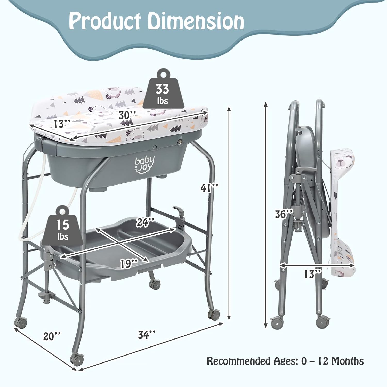BABY JOY Baby Bathtub with Changing Table, Foldable Infant Diaper Changing Station with Storage Tray, Waterproof Pad, Portable Newborn Nursery Organizer Bath Stand with 4 Universal Wheels (Gray)