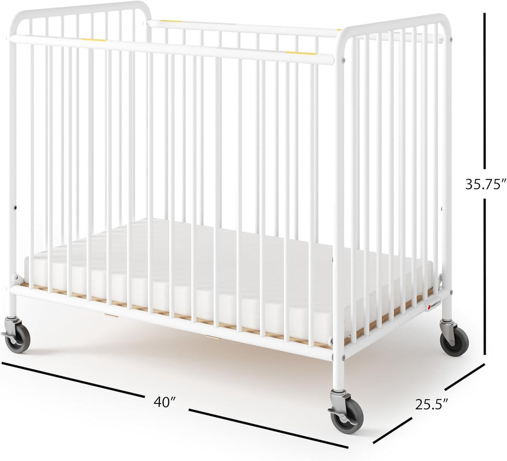 Foundations Chelsea Slatted Metal Compact Daycare Crib, 3" Casters, Compact Mini Size, Easy to Clean Durable Finish, Adjustable to Two Heights Mattress Board (White)