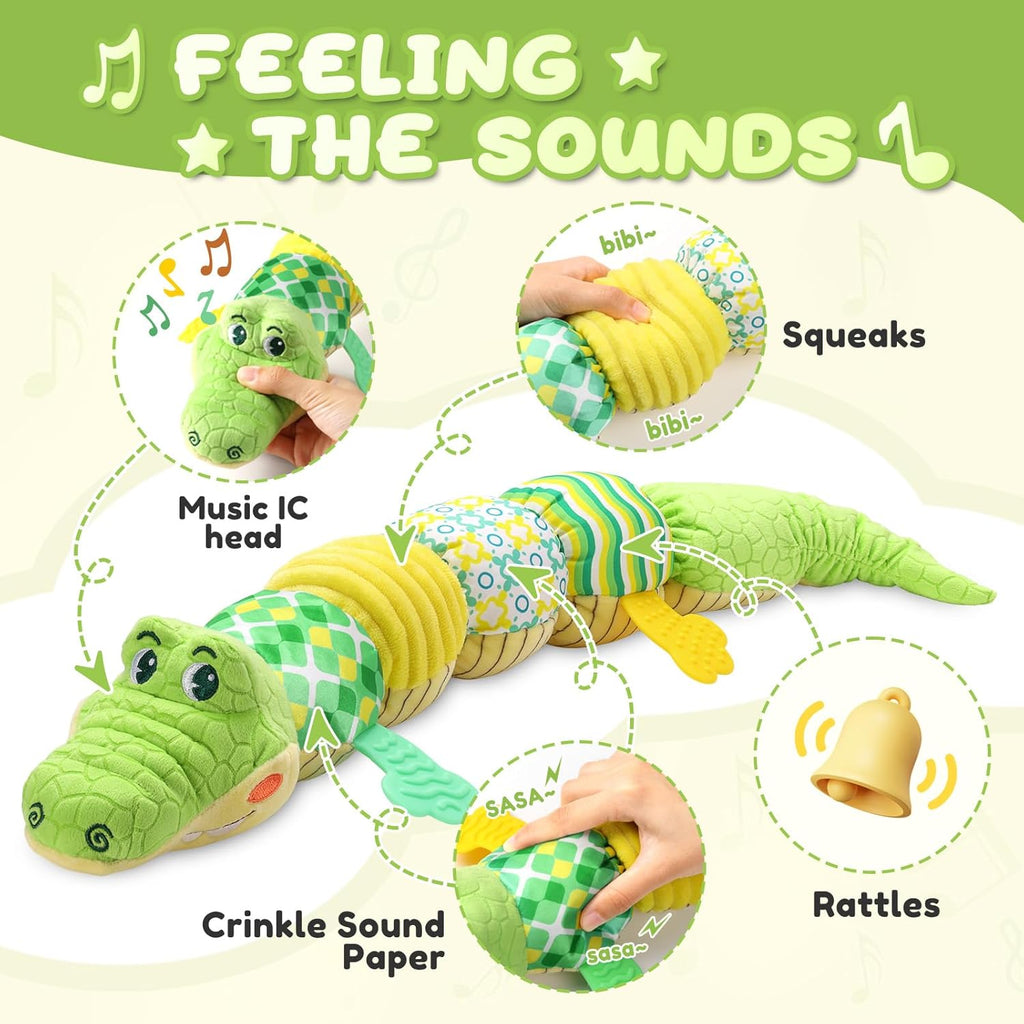Baby Toys 0 to 12 Months, Musical Stuffed Animals Activity Soft Toy with Multi-Sensory Crinkle, Rattle and Textures, Infant Tummy Time Toys for Newborn Boys Girls, Crocodile, Green