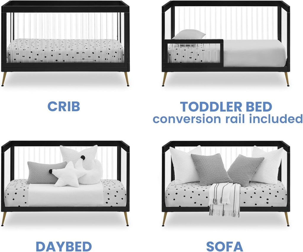 Delta Children Sloane Crib 7-Piece Baby Nursery Furniture Set–Includes: Convertible Crib, Dresser, Changing Top, Crib Mattress, Fitted Sheets, Toddler Guardrail & Changing Pad, Black w/Melted Bronze