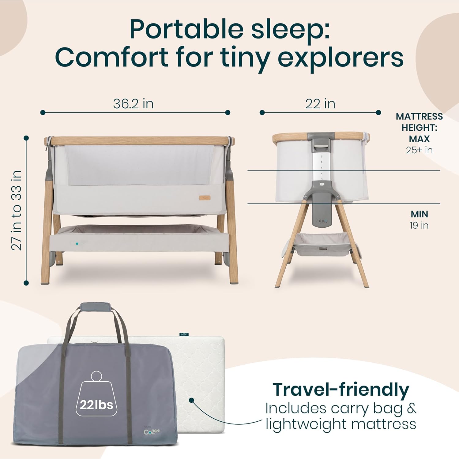 CoZee® 2-in-1 Baby Bassinet & Bedside Sleeper - Fast-Folding Bedside Bassinet, Baby Crib with 6 Mattress Heights & Breathable Mesh Window, Mattress Included, 0-6 Months (Silver & Oak)