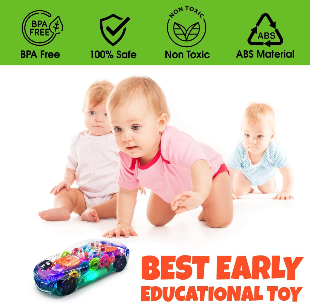 Light Up Transparent Sensory Car - Fun and Interactive Toy for Kids- Music Car with LED Light Up - Colorful Moving Gears -Tummy Time Crawling Baby Toy -Birthday Gift Idea for Boys & Girls