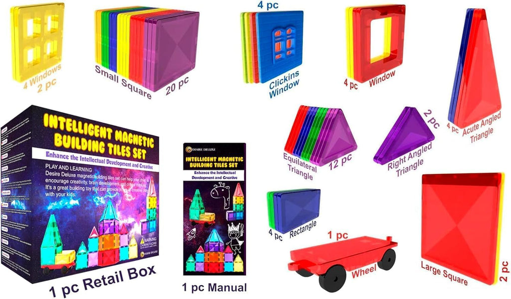 Desire Deluxe Magnetic Tiles Blocks Building Set for Kids – Learning Educational Toys for Boys Girls for Age 3-8 Year-Old – Birthday Present Gift (57PC)