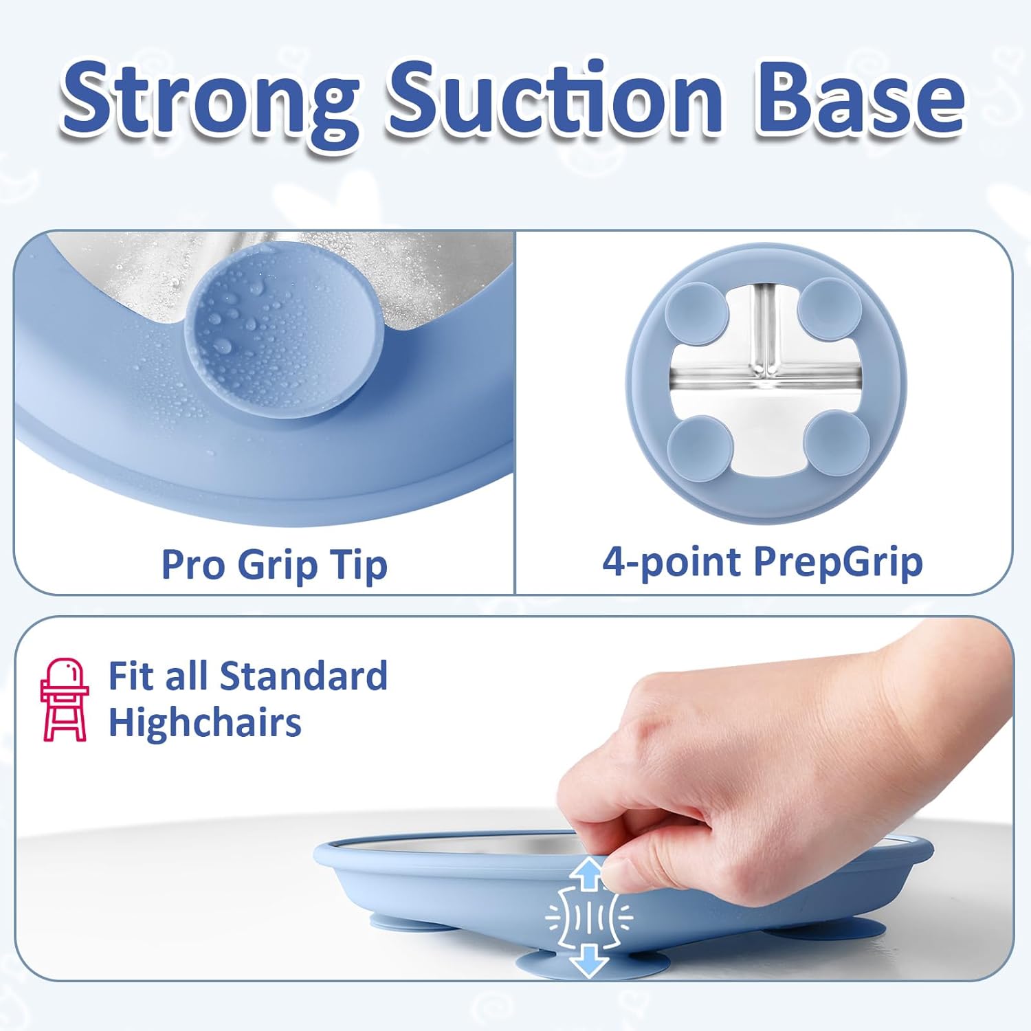 Stainless Steel Suction Plates for Toddlers, 9" Divided Kids Baby Plates with Removable Silicone Suction, Non Toxic Non Slip Portion Control Snack Dishes 3 Packs, Blue Gray Beige