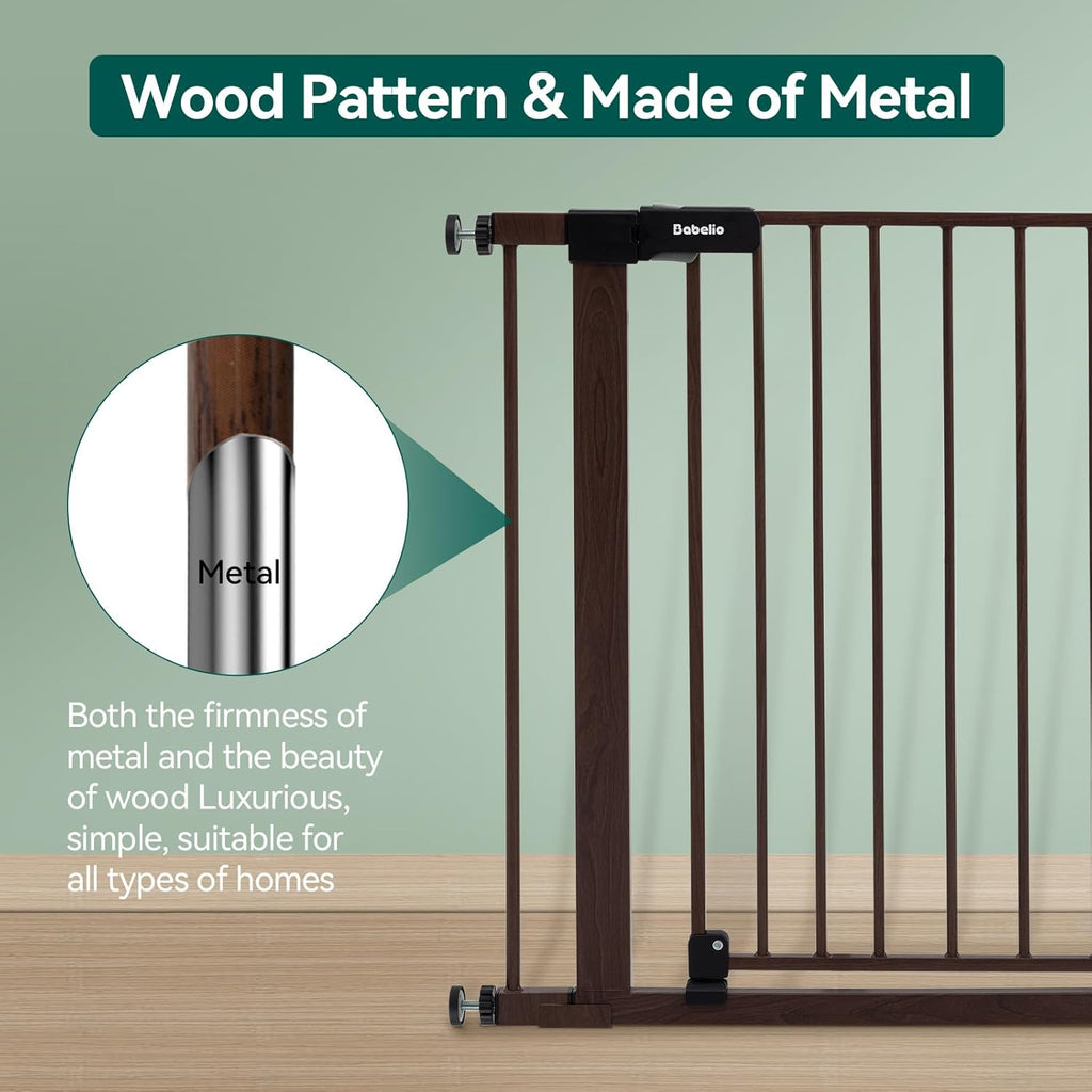 BABELIO 29-40" Metal Baby Gate with Black Wood Pattern, Auto Close Dog Door for The House、Stairs and Doorways, Pressure Mounted Pet Barrier, with Wall Protectors and Extenders