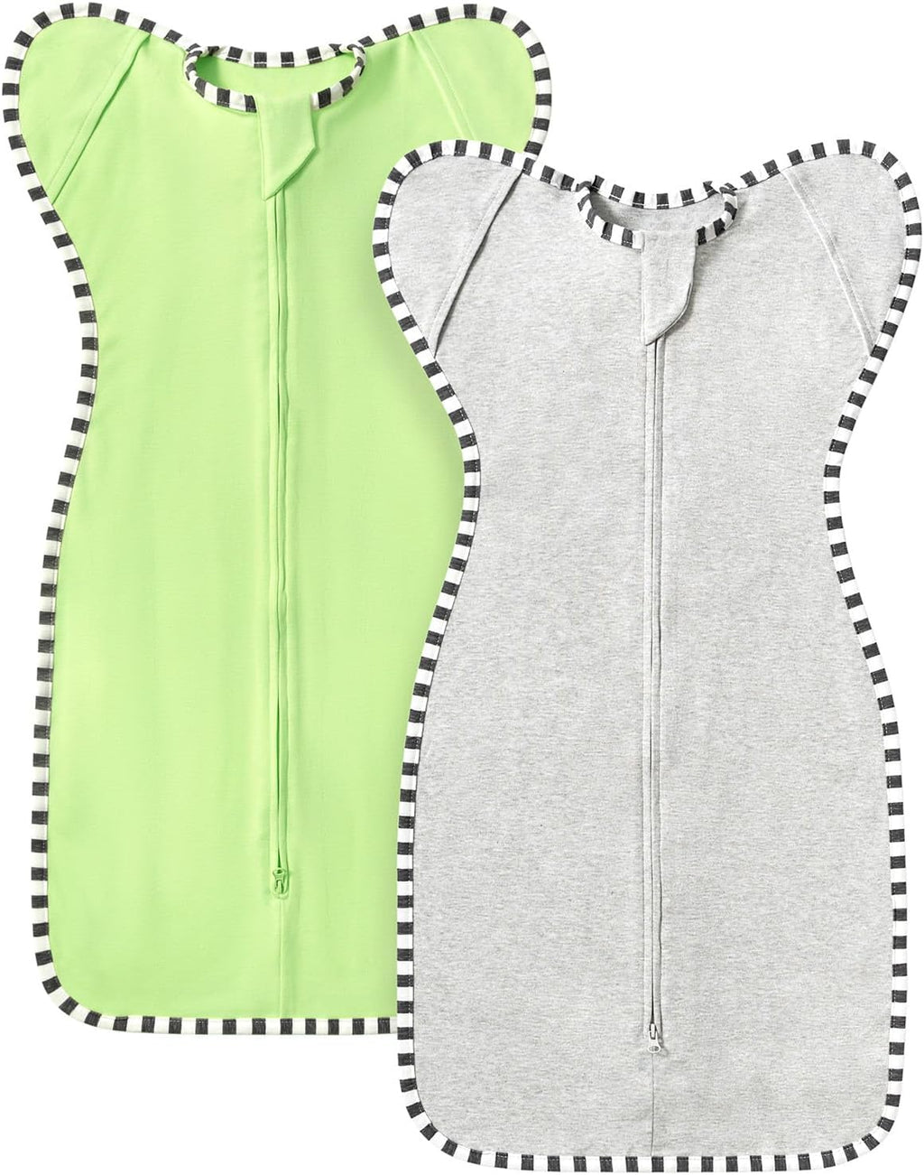 Transition Swaddle, 2 Pack 100% Cotton Baby Sleep Sack, 2-Way Zipper Infant Arm Up Swaddle for Newborn Baby Boys Girls (Light Green + Light Grey, L(6-9 Months))