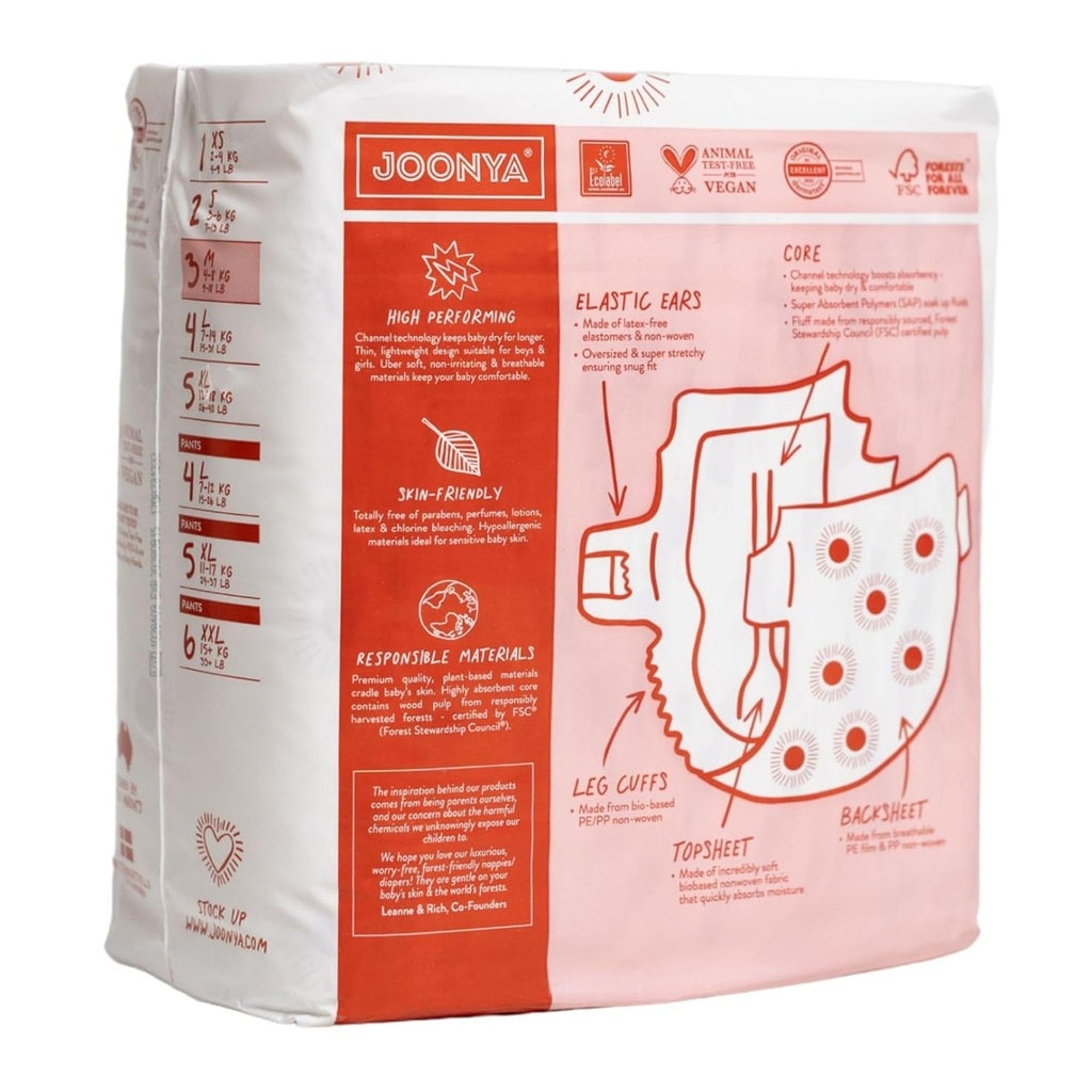 Joonya Baby Diapers, Size 4 L (15-31 lb) - 6 Bags of 25 (150) - New Range - NonToxic, Eco-Friendly, Ultra Slim, Overnight Use - Made in Denmark