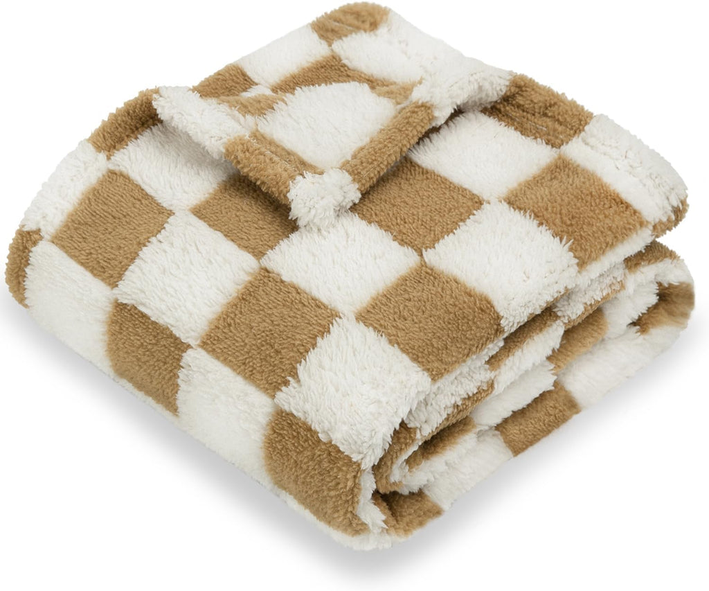 HOMRITAR Super Soft Baby Blankets for Boys Girls Warm Cozy Reversible Checkerboard Toddlers Blanket, Fluffy Fuzzy Plush Lightweight Bed Blanket with Chessboard Grid Design 350GSM Khaki 30 x 40 Inch