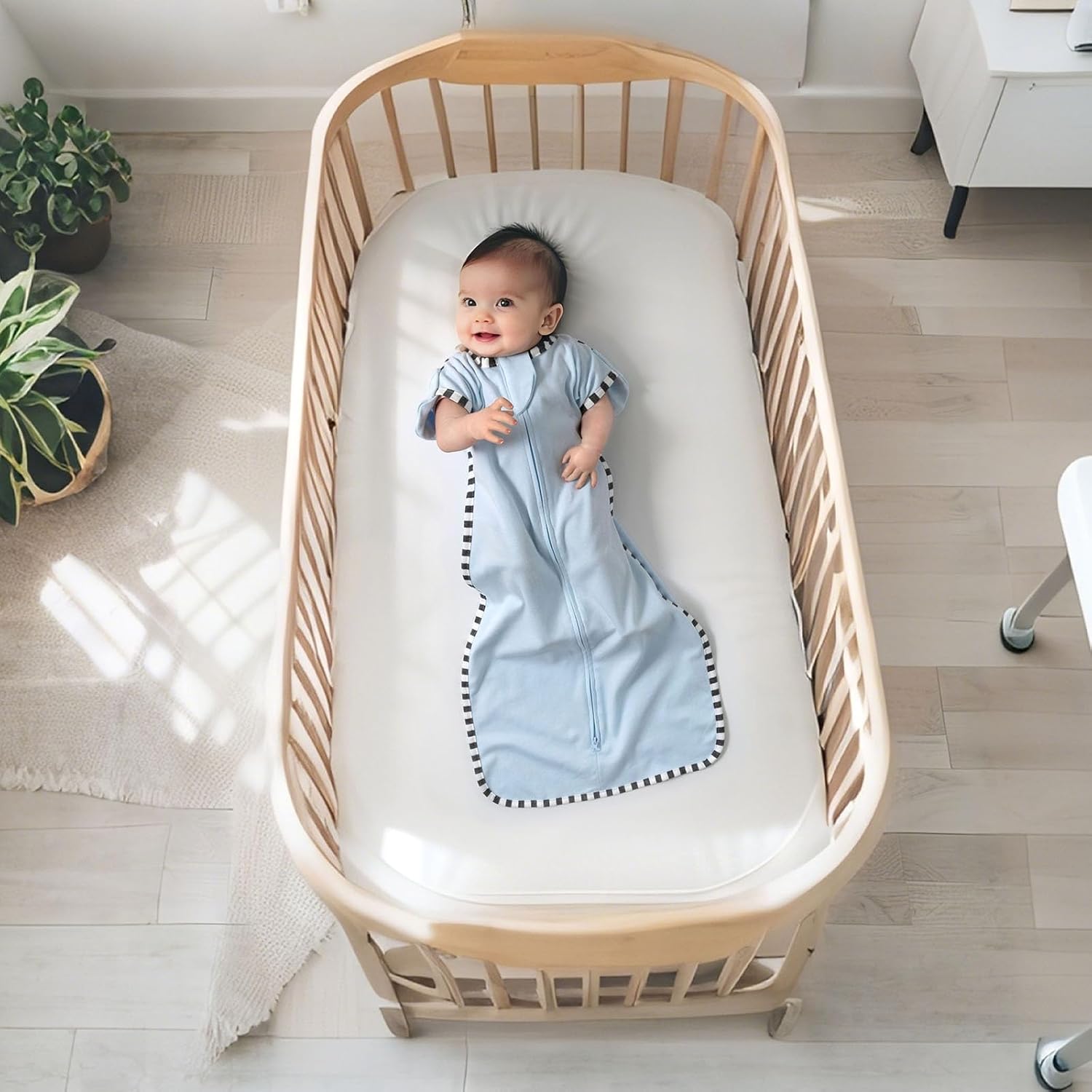 Transition Swaddle, 2 Pack 100% Cotton Baby Sleep Sack, 2-Way Zipper Infant Arm Up Swaddle for Newborn Baby Boys Girls (Blue + Green, M(3-6 Months))