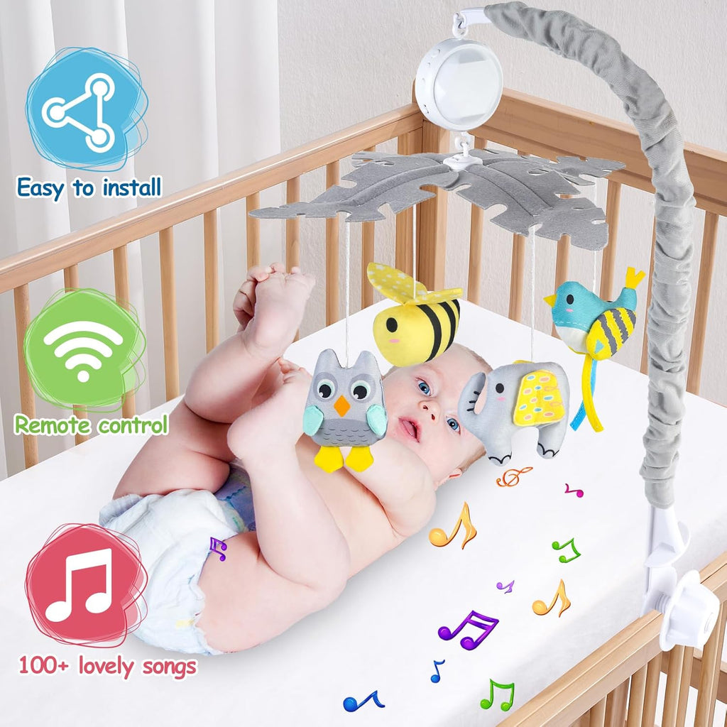 VZO Baby Crib Mobile with Music and Lights, Mobile for Crib with Remote Control, Rotation, Starlight Projection, Crib Toys for Babies Boys Girls Gray