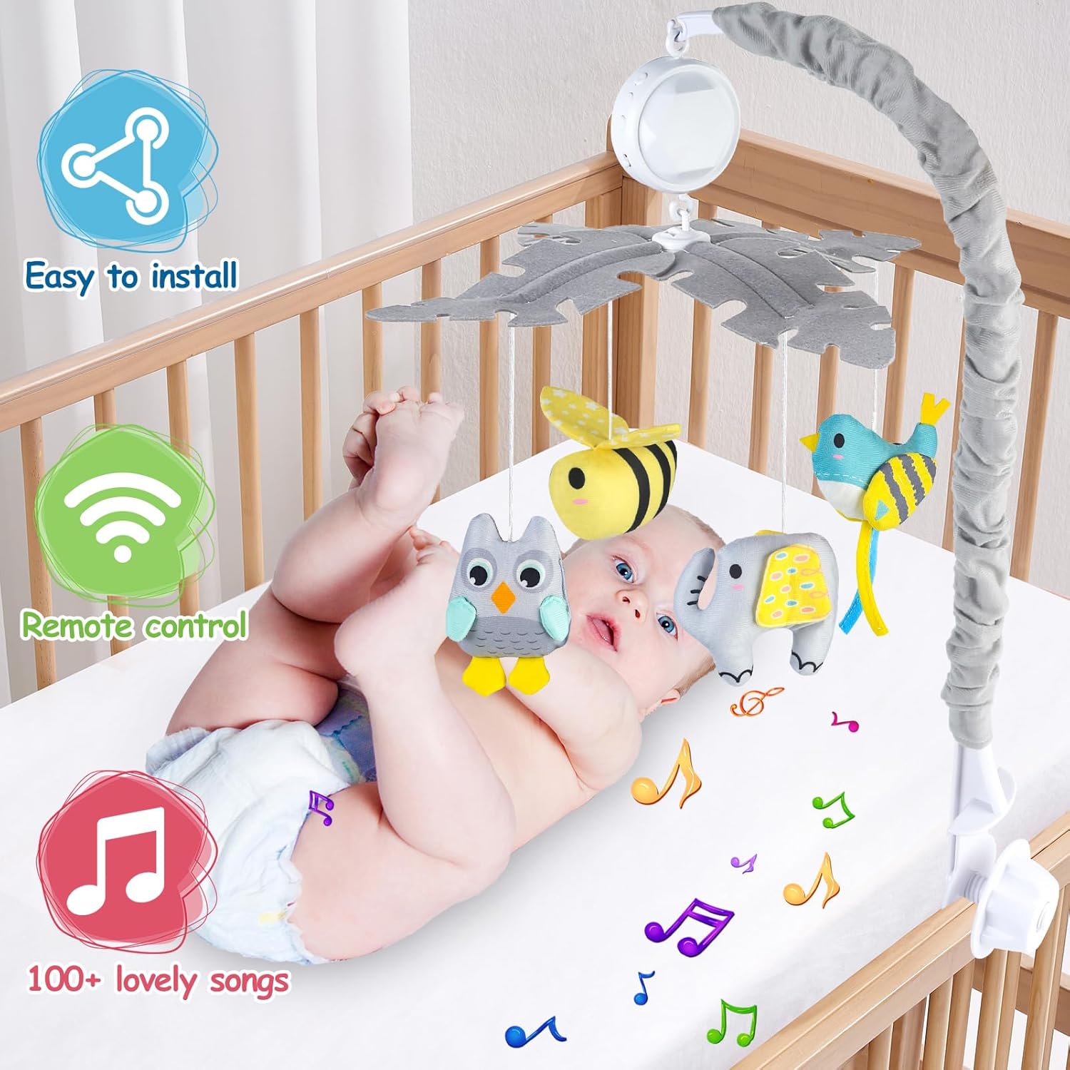 VZO Baby Crib Mobile with Music and Lights, Mobile for Crib with Remote Control, Rotation, Starlight Projection, Crib Toys for Babies Boys Girls Gray