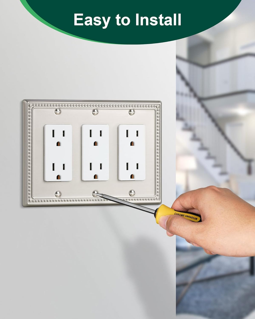 2-Pack Triple Decorator Outlet Cover Plate, Brushed Nickel Pearls Decorative Switch Plates and Outlet Covers, Metal Wall Plates for Electrical Outlets.