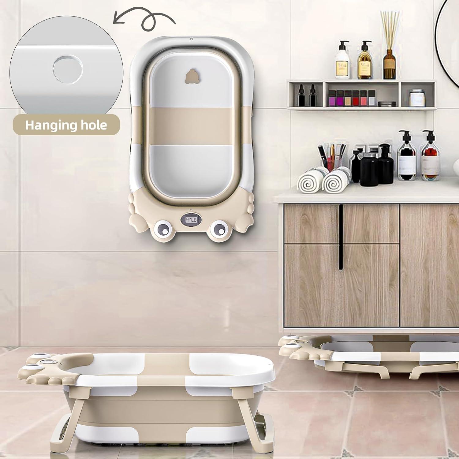 Collapsible Baby Bathtub for Infants to Toddler with Real-time Temp Monitor+Floating Cushion,Foldable Baby Bath Tub Set Applicable 0-36 Month,Portable Travel Baby Tub for Newborns Boy (Beige)