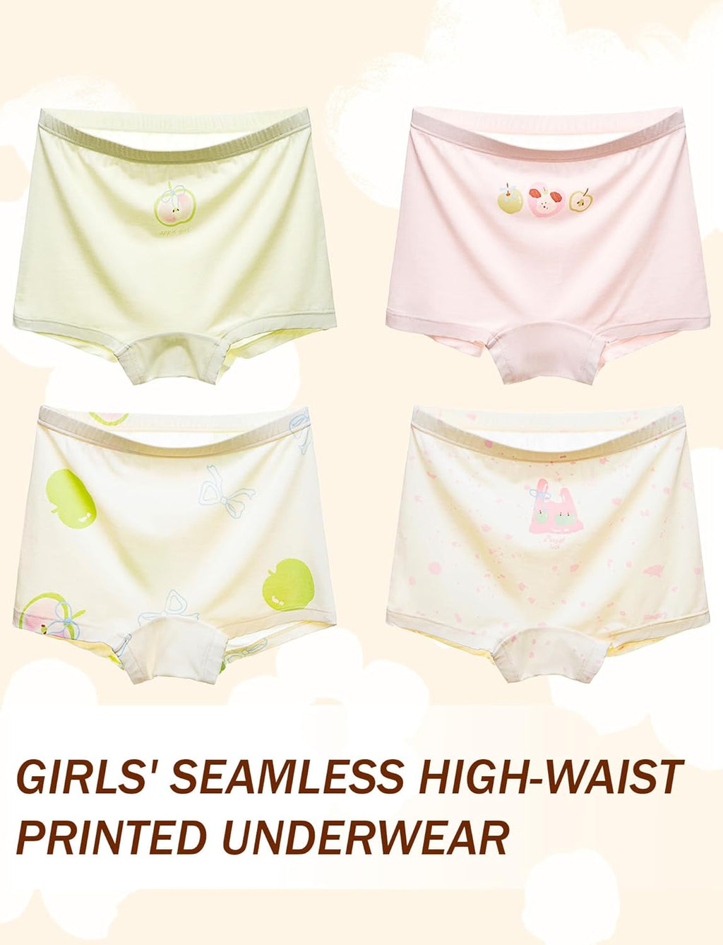 SEAUR Girls' Seamless Underwear 4-Pack Soft Breathable Ice Silk Boyshorts Panties Cute Prints Boxer Briefs for 6-16 Years